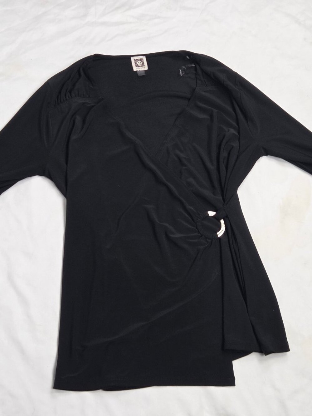 Anne Klein black draped wrap top features a metallic ring buckle Size L